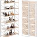 JSB No Assembly Folding Bookshelf, 6 Tier Industrial Metal Book Shelf for Storage, Vintage Wood Foldable Bookcase for Living Room, Bedroom, Office Organization Shelves