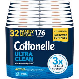 Cottonelle Ultra Clean Toilet Paper, 32 Family Mega Rolls=176 Regular Rolls