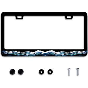 Ocean Wave Watercolor License Plate Frame Plate Traditional Waves Holder Stainless Steel Auto Parts Colorful License Plate Decoration with Screws Size 12.3" x 6.3"