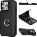 Folosu Compatible with iPhone 16 Pro Max Case Wallet with Card Holder, 360Rotation Finger Ring Holder Kickstand, RFID Blocking Leather Protective Double Buttons Shockproof Cover 6.9 Inch Black