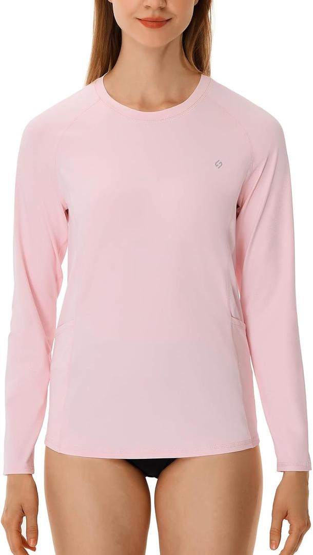 HODOSPORTS Rash Guard for Women UPF 50+ Swim Shirt with Pockets Sun Protection Shirts Lightweight Long Sleeve (Pink, L)