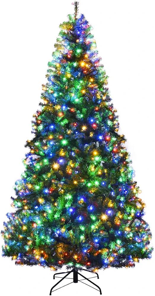 Goplus 8FT Pre-Lit Artificial Christmas Tree Auto-Spread/Close up Branches 11 Flash Modes with Multicolored 750 LED Lights & Metal Stand