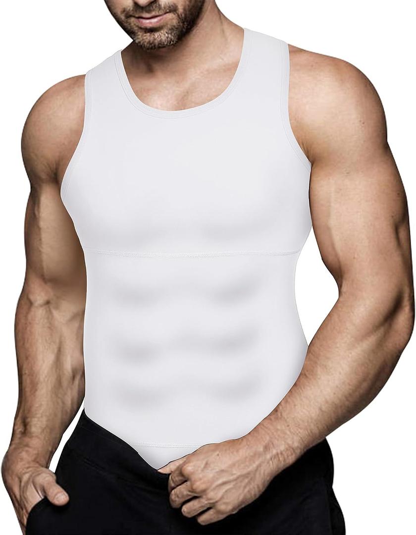 Mens Compression Shirt Workout Tank Tops Slimming Body Shaper Vest Abs Abdomen Undershirts (White, XX-Large)