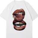 Women's Lip Graphic Oversized Tee Crew Neck Short Sleeve Drop Shoulder Hip Hop Shirts Streetwear (White, M)