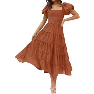 ZESICA Women's 2026 Summer Square Neck Short Puff Sleeve Solid Color High Waist Casual Smocked Flowy A Line Tiered Midi Dress, Size: Small