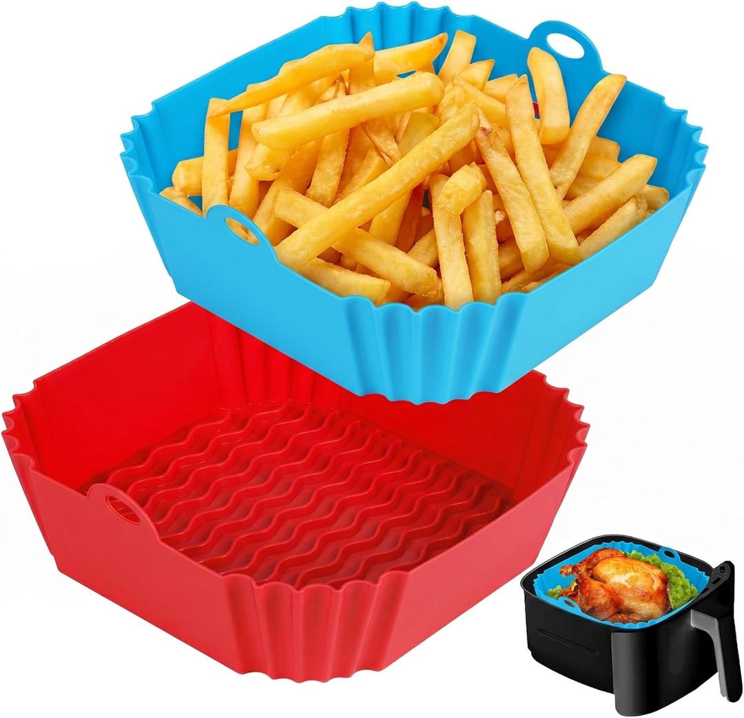 Boribim 2 PCS Square Silicone Air Fryer Liners - 8 Inch Reusable Air Fryer Pot - Air Fryer Accessories - Air Fryer Inserts for 4 to 7 QT Oven Microwave Accessories (Red + Blue)