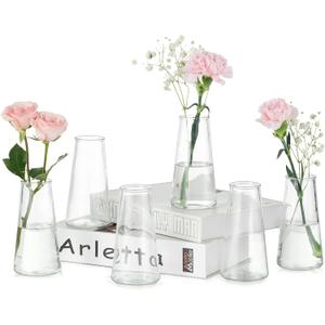Hewory Glass Bud Vases for Centerpieces: Small Clear Modern Flower Vase Set of 6, Minimalist Cute Mini Decorative Bulk Vases for Wedding Birthday Bridal Shower Party Events Dining Room Table Decor