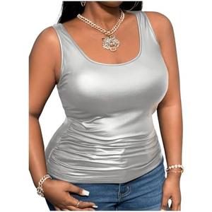MakeMeChic Women's Plus Size Y2K PU Leather Tank Top Square Neck Ruched Sleeveless Vest Party Club Tops Large