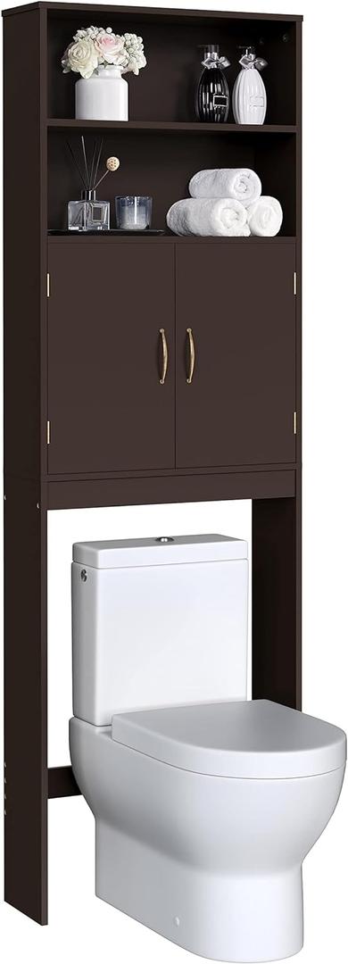 Yaheetech Over The Toilet Storage, Taller Bathroom Organizer Space-Saving Storage Cabinet with Adjustable Shelves and Double Doors, 77 in H, Espresso