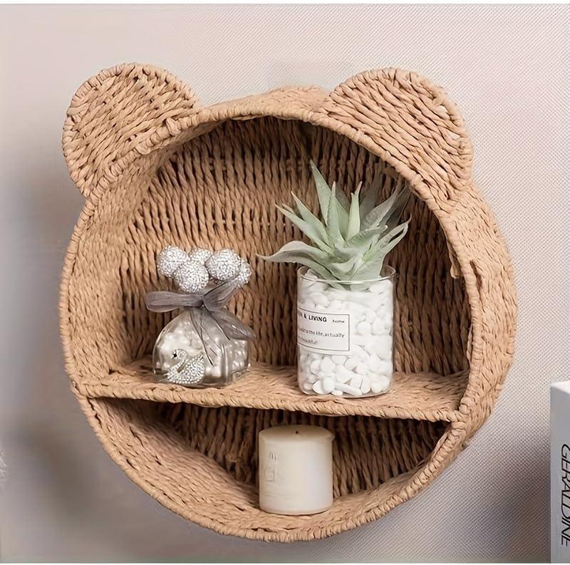 Rattanzenith Bear Rattan Wall Shelf, Handwoven Wicker Nursery Shelf for Wall, Wall-Mounted Floating Display Shelf Organizer for Small Books, Toys & Decor (Khaki)