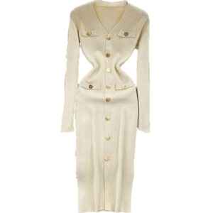 Women Long Sleeve V Neck Split Hem Knit Dress Winter Slim Fit Elegant Evening Party Pencil Dresses M