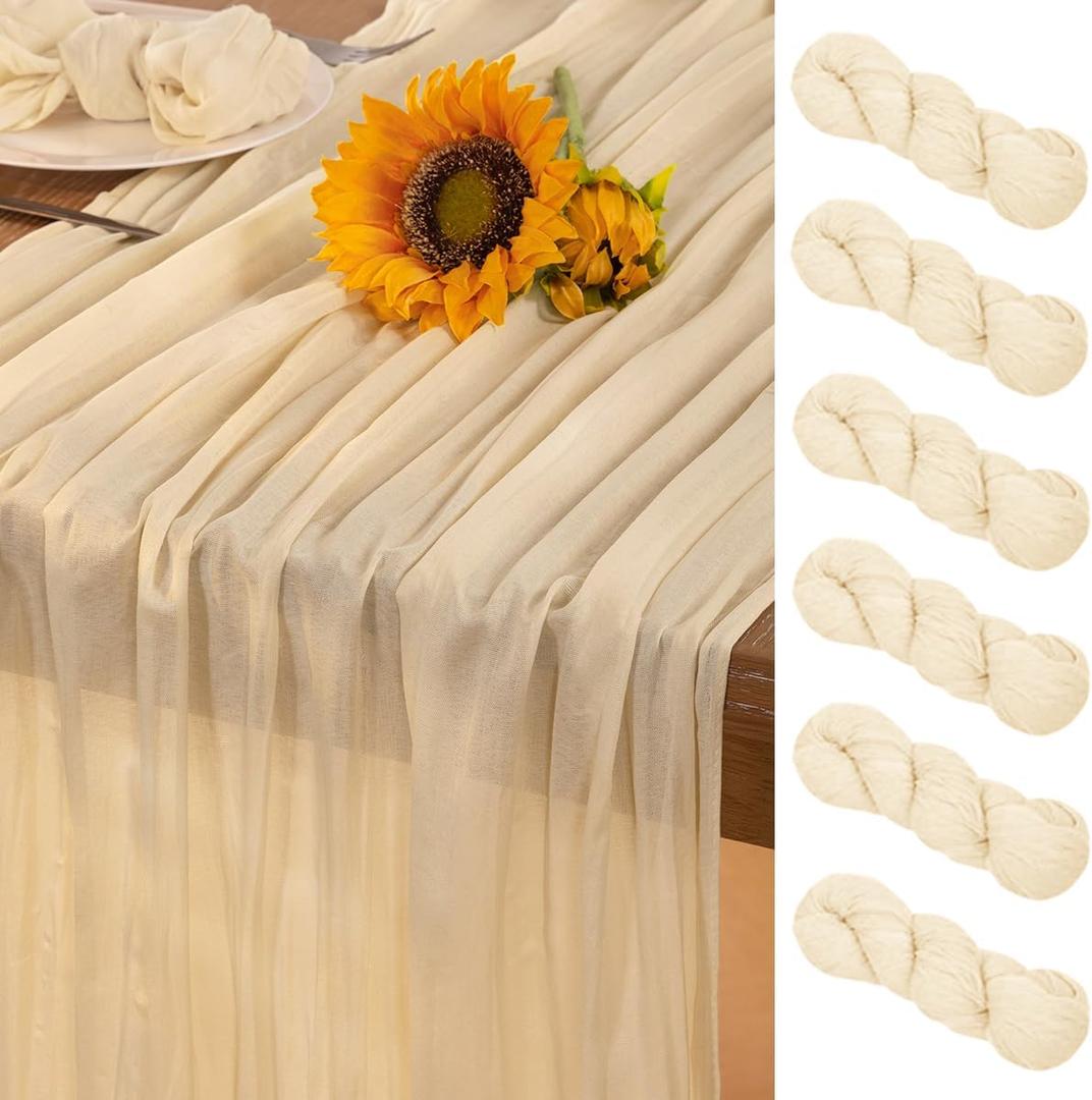 Beige Cheesecloth Table Runner 6 Pack Summer Sheer Cream Cheese Cloth Table Runners 120 Inches Boho Gauze Summer Table Decorations for Wedding Bridal Baby Shower Garden Party Decor