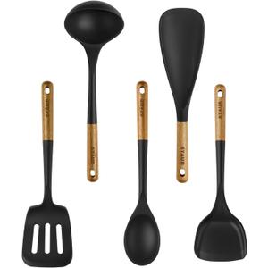 STAUB Silicone with Wood Handle 5-pc Cooking Utensil Set (Matte Black)