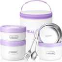 Dandat 3 Pcs Portable Insulated Lunch Container Set for Adult, Stackable Stainless Steel Bento Box for Hot Food with Insulated Lunch Bag Unisex 3 Separate Thermal Food Container (Purple,Round)