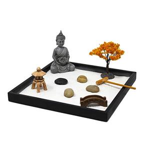 Nature's Mark Mini Zen Garden Kit for Desk with Rake, White Sand, Buddha, Bridge Black Square Base, River Rocks and Mini Blossom Tree (9Lx9W A)