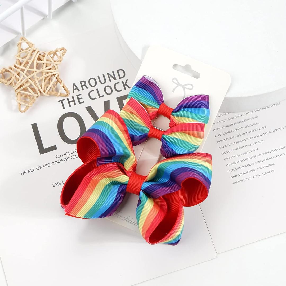 3PCS Hair Bows for Girls Hand-made Colorful Grosgrain Ribbon Hair Bows Alligator Clips Hair Accessories Barrettes for Little Teen Toddler Girls Kids (Red Rainbow Stripe)