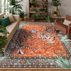 Moynesa Tiger Washable Rugs, 8x10 Area Rugs for Living Room, Soft Large Vintage 8x10 Bedroom Rug, Botanical Non Slip Ultra Thin Floor Carpet for Dining Room Home Office, Rust