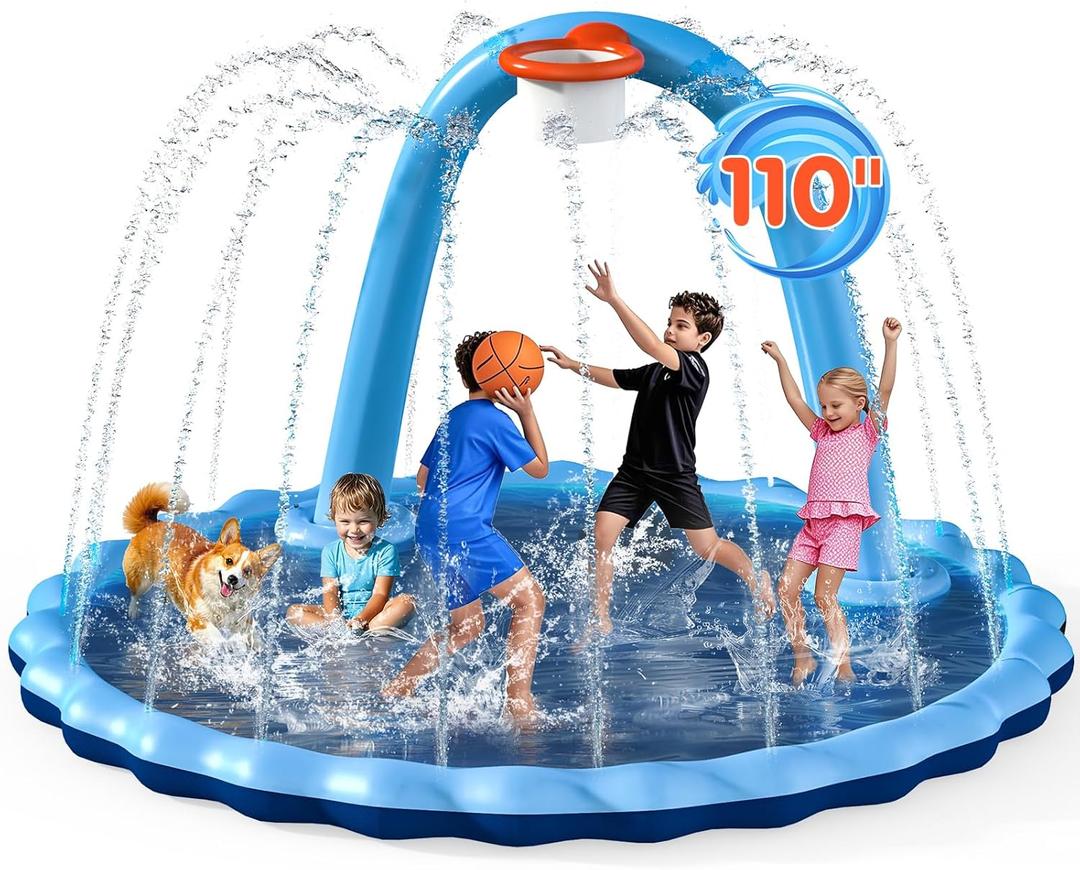 110" Splash Pad for Kids & Dogs, 2-in-1 Large Sprinkler Water Toys with Basketball Hoop Arch, Thickened Pool Mat Toys for Backyard & Garden Outdoor Summer Fun Ages 4-12