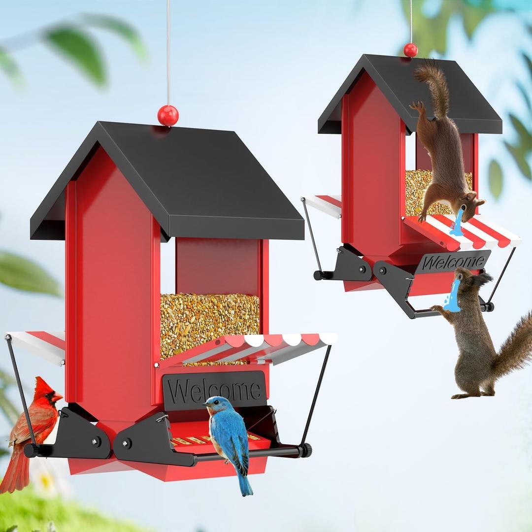 Squirrel Proof Bird Feeder Large Metal with Baffle Outdoor Hanging Wild Bird Feeder for Cardinals (Red)
