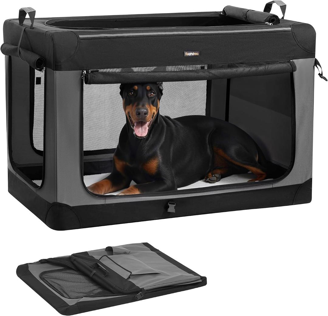 Feandrea Collapsible Dog Crate, 48-Inch Portable Dog Travel Crate for Extra Large Dogs, Oxford Fabric Pet Carrier with 4 Mesh Doors, Handles, Storage Pocket, Water Bottle Holder, Ink Black UPDC022BH01