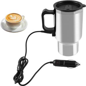 12V Car Heating Cup Stainless Steel Travel Coffee Cup Insulated Heated Thermos Mug, 450ml Car Kettle for Heating Water, Coffee, Milk, Tea (Silver, Stainless Steel Inner)