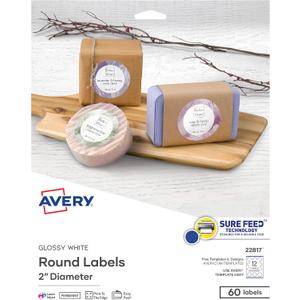 Avery Printable Round Labels with Sure Feed, 2" Diameter, Glossy White, 60 Customizable Labels (22817)