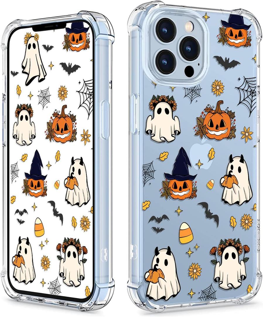Spooky Halloween Case for iPhone 13 Pro, Slim Clear Cover with Cute Pumpkin & Ghost, Soft Touch Shockproof Bumper, 6.1" Protective Case