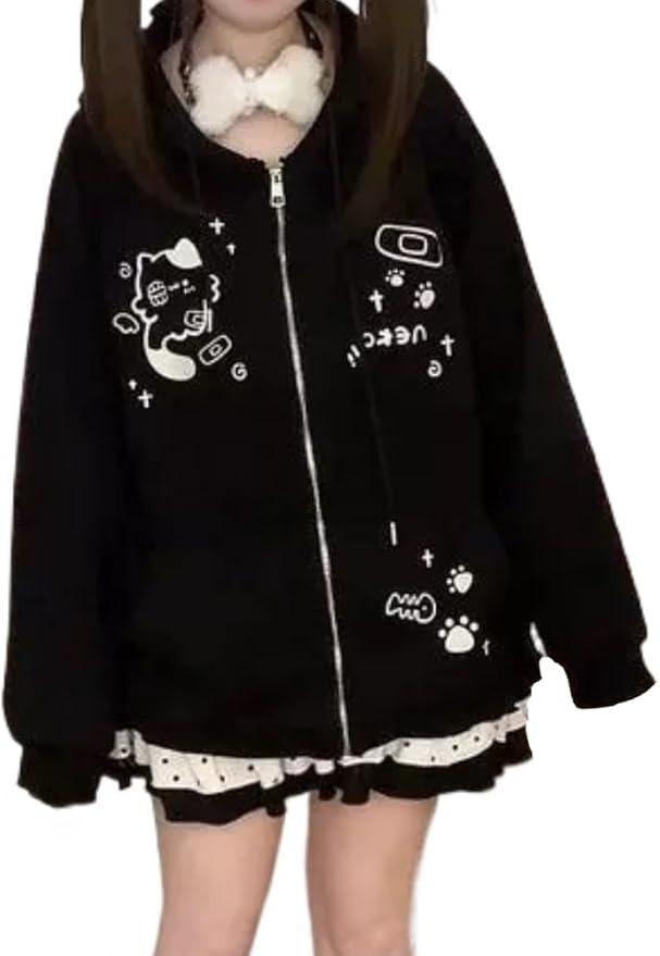 Cute Zip Up Hoodies for Women Cat Ear Hoodie Graphic Hoodies Y2k Kawaii Clothes Cute-core Harajuku Hoodie Jacket, Size XXL