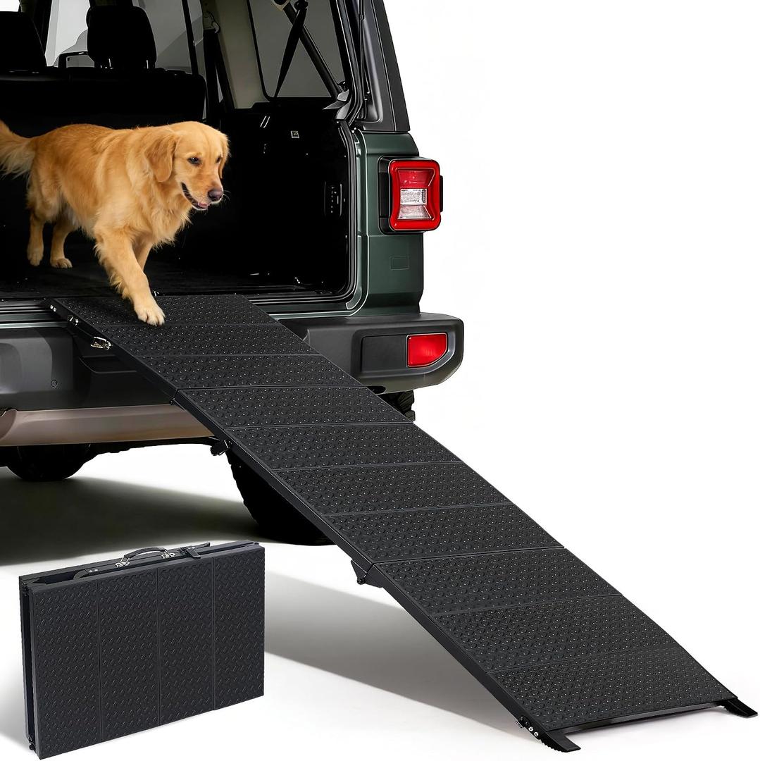 71" Extra Long Dog Ramp for Large Dogs, Heavy Duty Metal Frame Pet Ramp for High SUVs, Trucks and Cars, Portable Folding Travel Dog Ramps with Safety Latch, Supports up to 350lbs