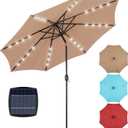 OLIXIS 10FT Solar Patio Umbrella with Lights, Tilt and Crank Button, 8 Sturdy Ribs Waterproof, 32 LED Patio Table Umbrellas Sun Shade for Poolside, Terrace, Beach and Outdoor Restaurant, Khaki (Brown)
