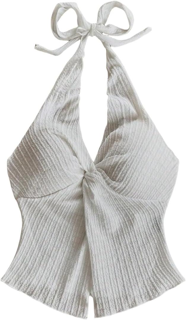 QJQ Women's Halter Tops Twist Front Slit Backless Cute Summer V Neck Tank Top Vacation Outfits (White, S)
