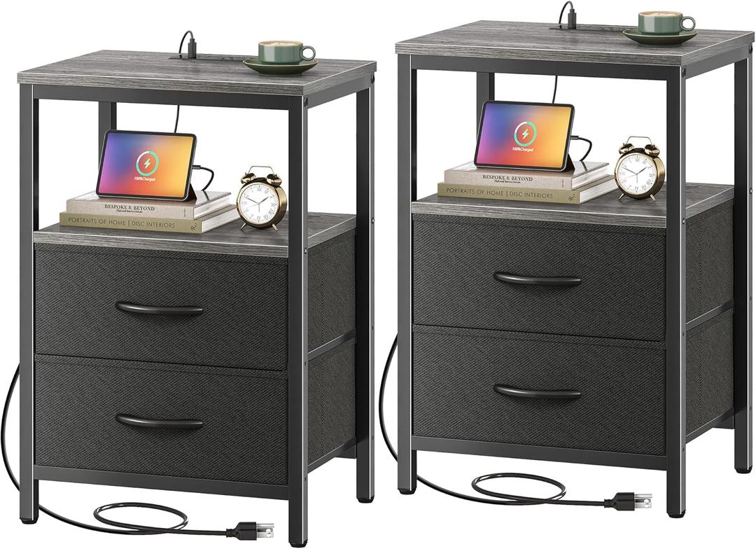Huuger Nightstands Set of 2, End Tables with Charging Station, Side Tables with Fabric Drawers, Bedside Tables with USB Ports and Outlets, Night Stands for Bedroom, Charcoal Gray