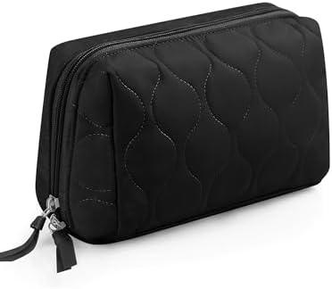 Travel Essentials Women's Makeup Bag, Lifestyle Products, Toiletries Organizer, Wide Mouth Fluffy Padded Women's Cosmetic Bag, Portable Large Capacity cosmetic organizer bag (black)