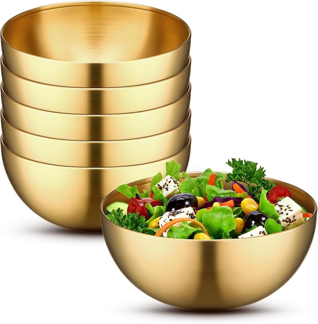 Nuogo 6 Pcs Gold Mixing Bowls Stainless Steel Mixing Bowl Decorative Gold Esthetician Bowls Metal Serving Bowl for Facial Cereal Rice Noddle Fruit Kitchen Party Cooking Baking Prepping(5.9 Inches)