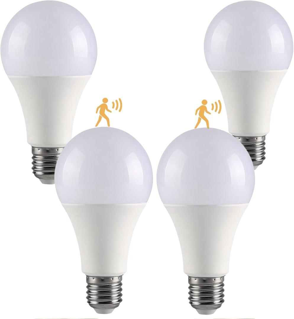 GEPLAD 4-Pack Outdoor Motion Sensor LED Light Bulbs, 12W Dusk to Dawn Bulb, 3000K Soft White 1200LM, A19 E26 Glass-Penetrating Sensor, Upward/Downward Mounting,Perfect for Porch, Garage, Entryway
