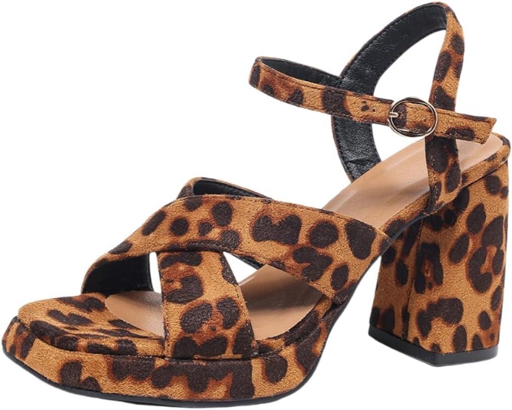 Womens Leopard Print Chunky Heeled Sandals  Cross Strap Design with Adjustable Buckle, Trendy Platform Heels for Casual and Dressy Occasions (8.5, Camel)