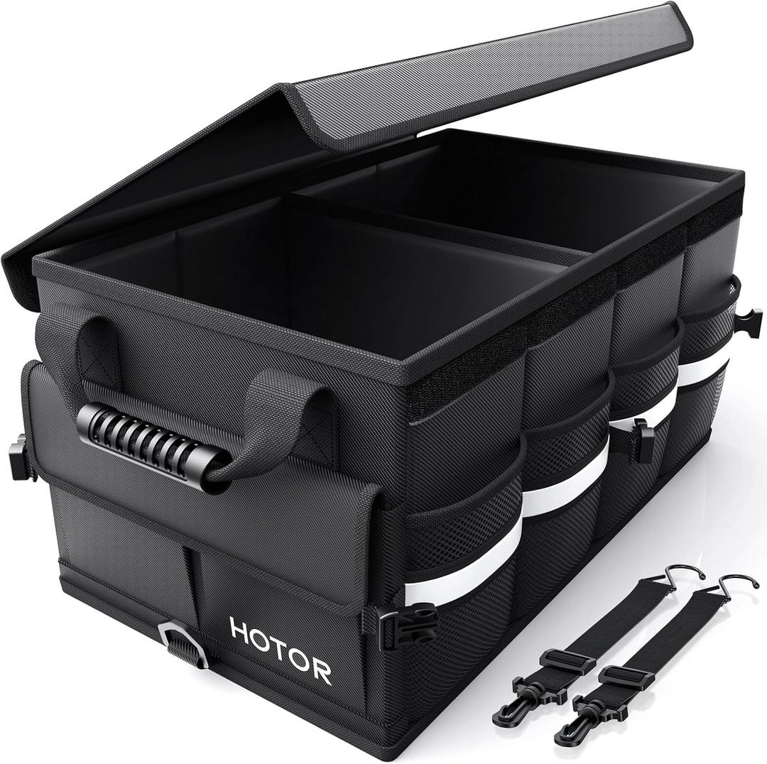 HOTOR Car Trunk Organizer - Foldable Trunk Organizer for SUV, Car Storage with Reflective Strips & Securing Cover, Large Capacity Car Accessories for Truck, Van & Sedan, Black, 24.4" x 13.8" x 11.0"