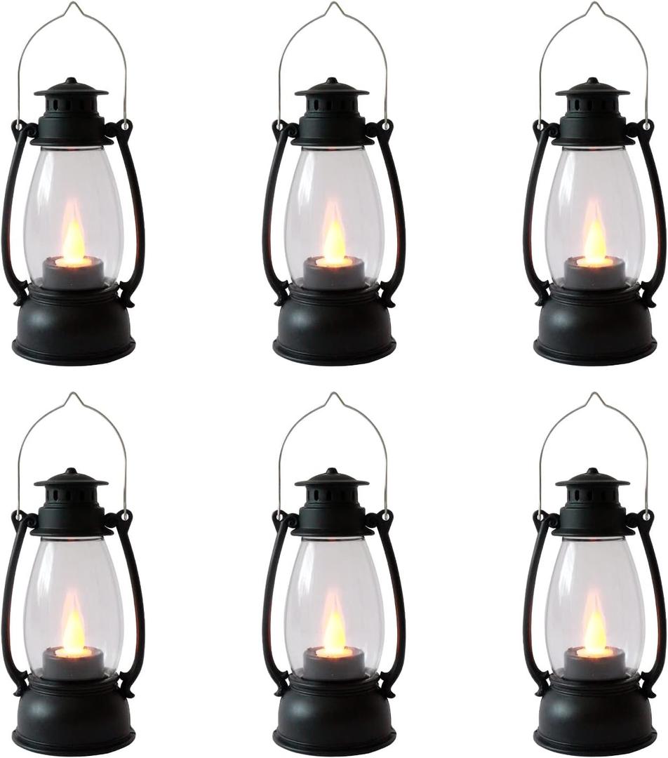5.1 inch Mini Lanterns 6-Pcs LED Candle Small Lanterns Decorative Indoor Outdoor Hanging Light Ornaments Home Decor for Weddings Western Camping Party Halloween Christmas Decorations (Black)