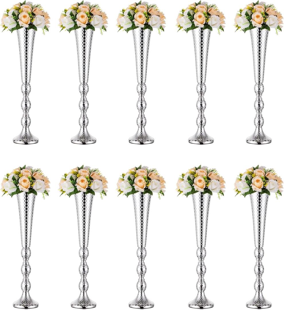 Trumpet Vase Wedding Centrepieces for Tables: Nuptio 10 Pcs Silver Vase 61cm Tall Flower Stand Road Lead for Weddings Party Dinner Centrepiece, Tabletop Vases for Anniversary Birthday Home Decoration
