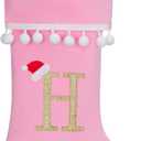 19 Inch Pink Velvet Stockings, Personalized Christmas Stocking, Embroidery Initial with White Pom Pom Trim, Holiday Fireplace Mantel & Xmas Party Decor, Letter H
