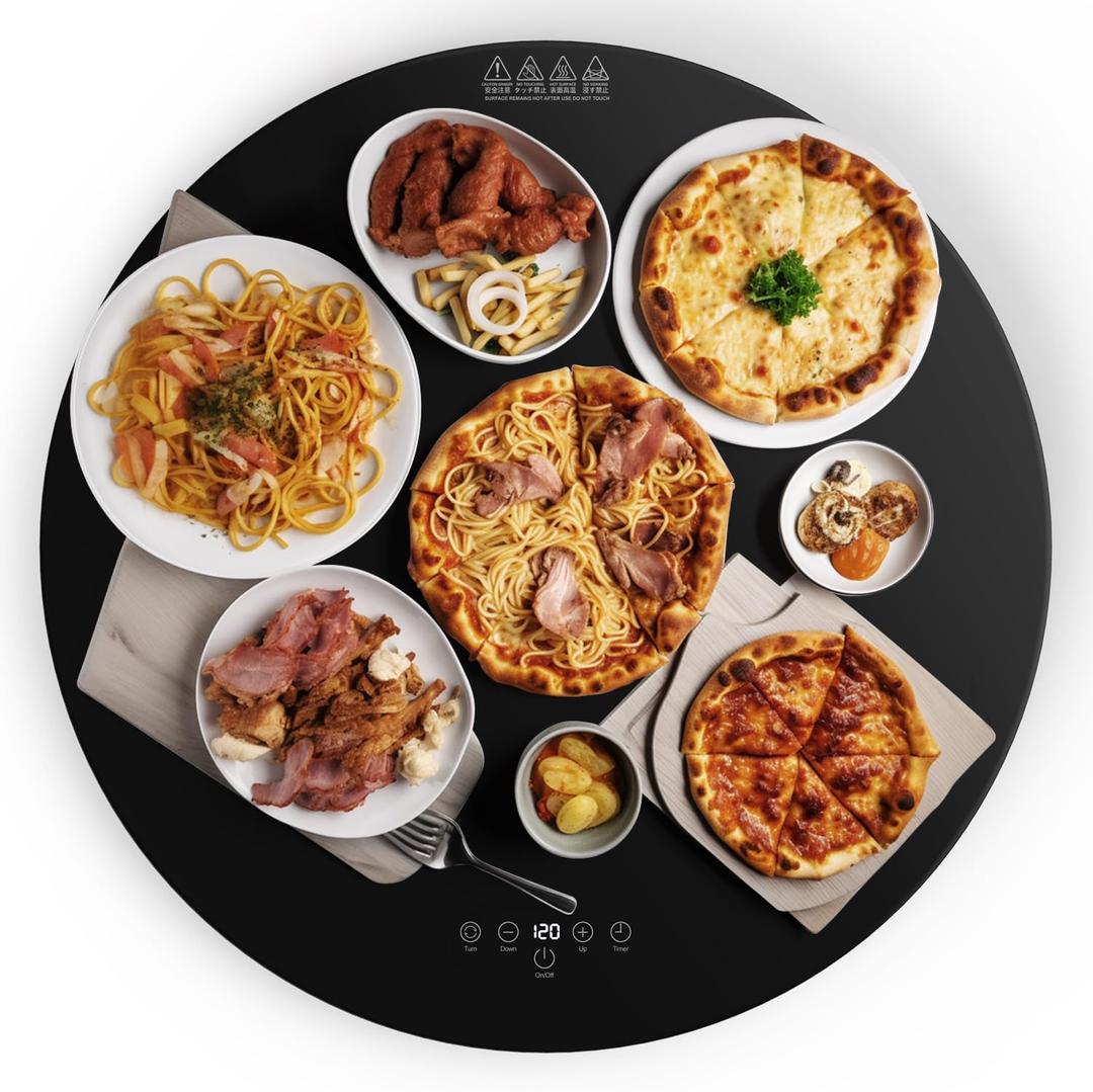 24-inch Round Electric Food Warmer, Automatic Rotating Heated Turntable Tray for Table, 9-Temperature Adjustable to Keep Food Hot, Dish Warmer for Home & Parties (Black)