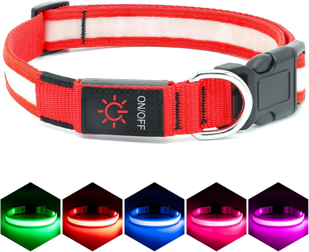 Vizpet LED Dog Collar, Light Up Dog Collar Adjustable USB Rechargeable Super Bright Safety Light Glowing Collars for Dogs(Large,Red) (Large[18.89-23.62 inch/48-60cm])