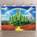 7x5ft Polyester Green Castle Backdrop Yellow Brick Road Rainbow Sky Photography Background Floral Banner Party Decorations Photo Props