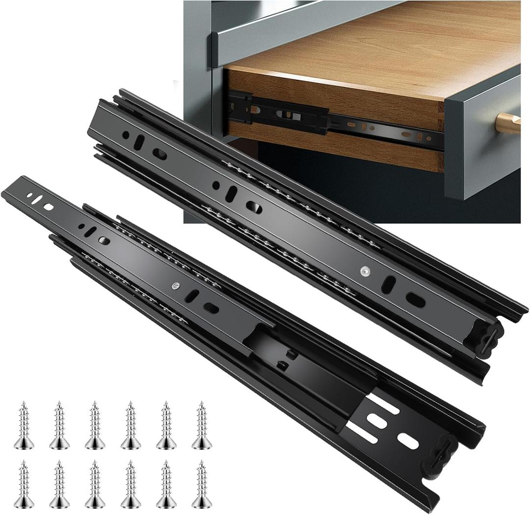 22 inch Drawer Slides 6 Pairs (12pcs) Full Extension Ball Bearing Drawer Rails Side Mount 3 fold Metal Dresser Runners for File Cabinet Trash Can Kitchen Wardrobe Glides 22" Black 100 LB Capacity