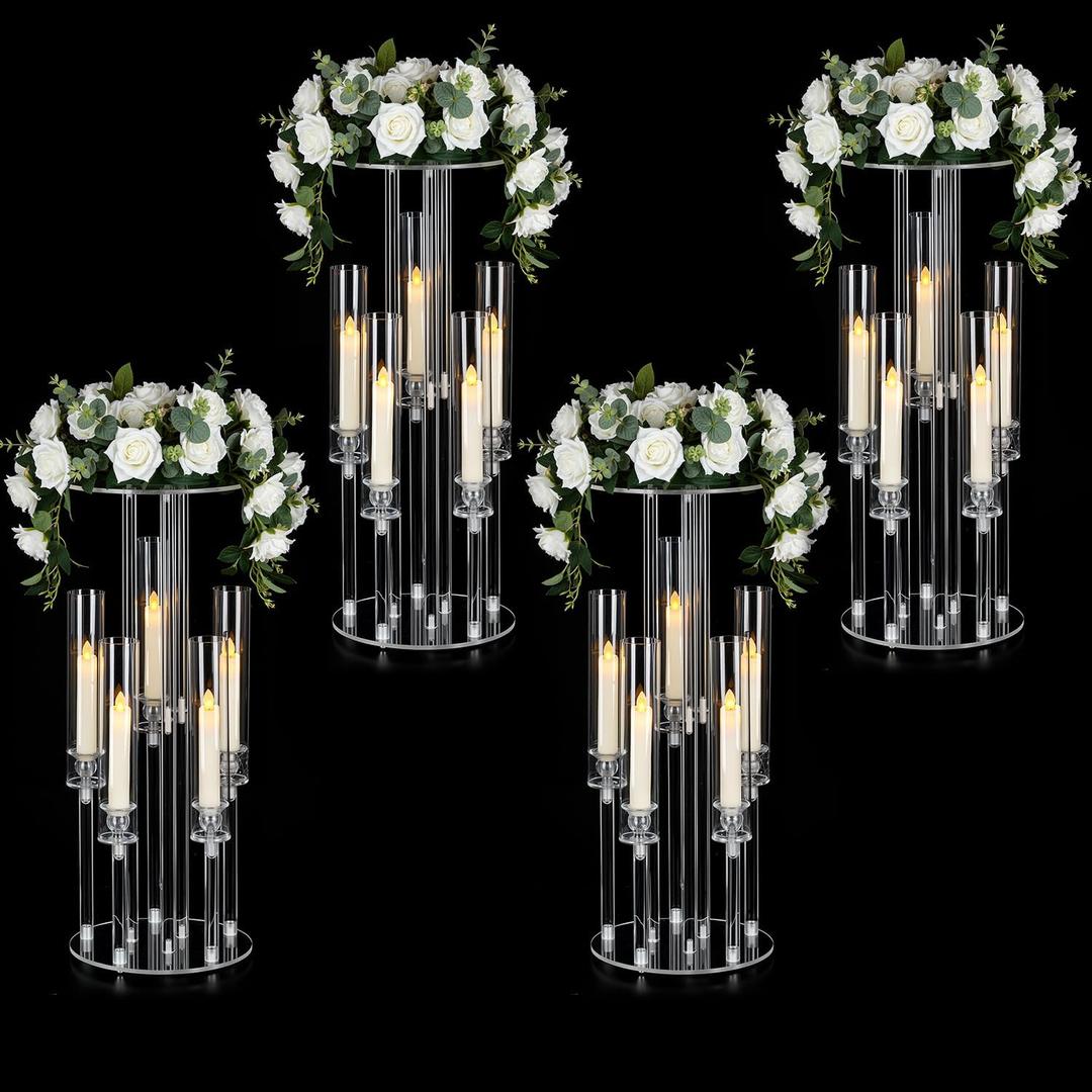 4PCS 5 Arm Candelabra,Clear Centerpiece for Table,Acrylic Centerpiece Stand for Wedding Reception,Acrylic Candle Holder for Event Celebration Wedding Birthday Home Christmas
