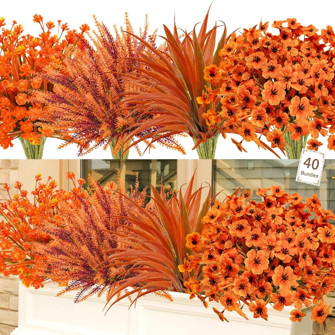 Agusbagli 40 Bunches Artificial Fall Outdoor Flowers Fake Autumn Boxwood Plants UV Resistant Plastic No Fade Faux Fall Flowers Arrangements for Thanksgiving Autumn Weddings Porch Indoor Home Decor (Orange)
