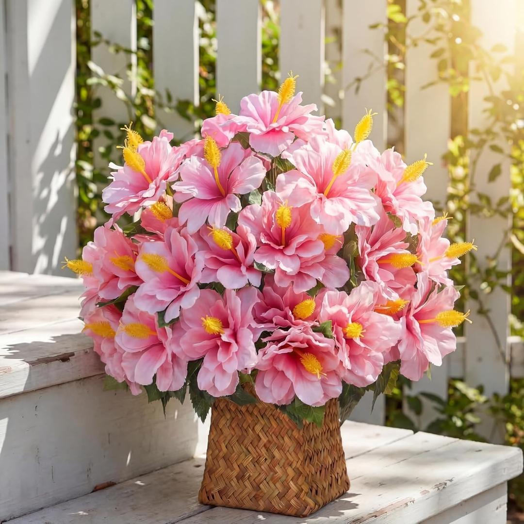 12 Bundles Artificial Hibiscus Flowers for Outdoor Decoration Fake Tropical Flowers UV Resistant Faux Silk Planter for Outside Porch Spring Front Door Decor (Pink)