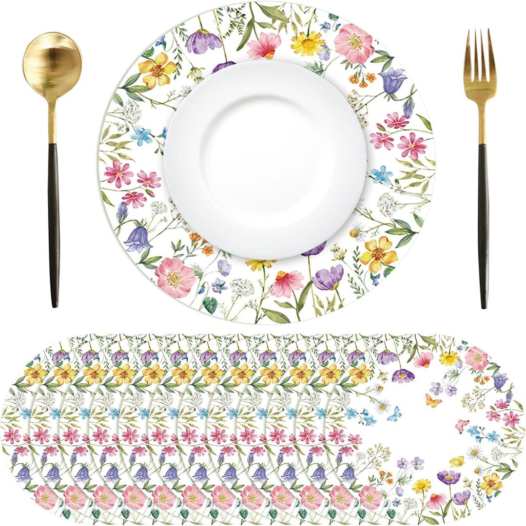 Tarklanda 50 Pcs Floral Placemats Disposable 13.4 Inch Round Paper Placemat Spring Wildflower Decorative Table Mats for Kitchen Dinner Wedding Anniversary Bridal Shower Birthday Party Supplies