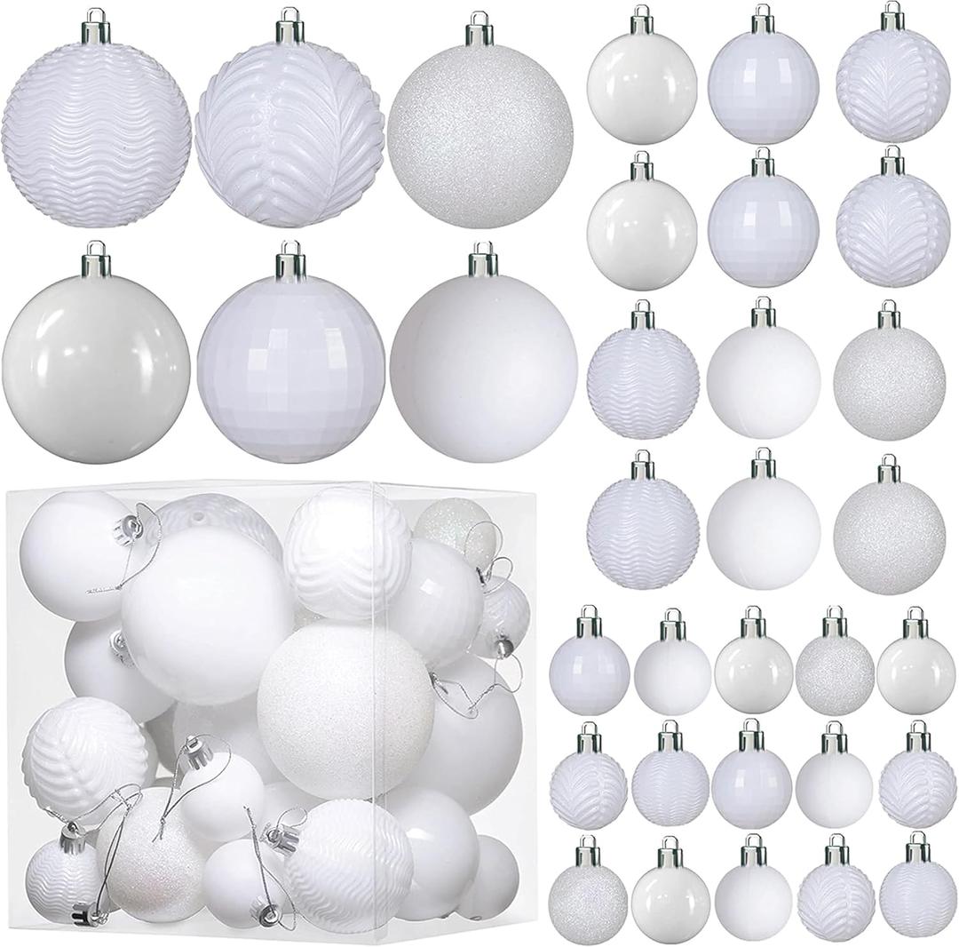 Prextex 36 Piece White Christmas Ornaments and Balls - White Ornament Set with 3 Sizes and 6 Styles - Shatterproof Christmas Ornaments for Tree, Wreath, and Holiday Decor for Indoor or Outdoor Display