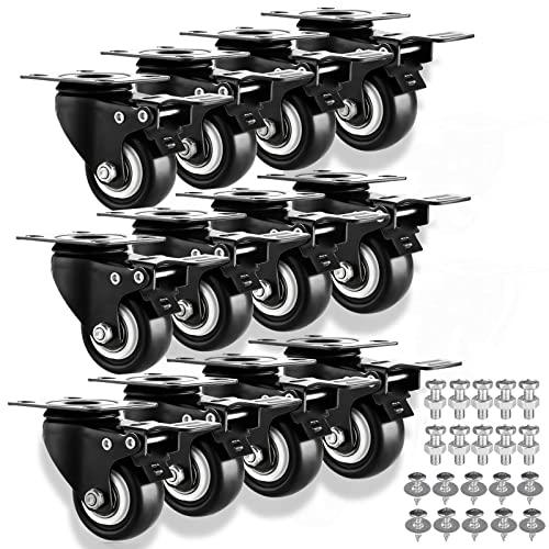 1.5" Casters Set of 12 Heavy-Duty Industrial Caster Wheels PU No Noise Wheels with Double Locking and Double Ball Bearing, Swivel Casters for Workbench, Furniture, Plate Castors Black